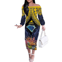 Tokelau Atafu Atoll Personalised Family Matching Off The Shoulder Long Sleeve Dress and Hawaiian Shirt Pacific Coral Reef Vibe LT9 Mom's Dress Gold - Polynesian Pride