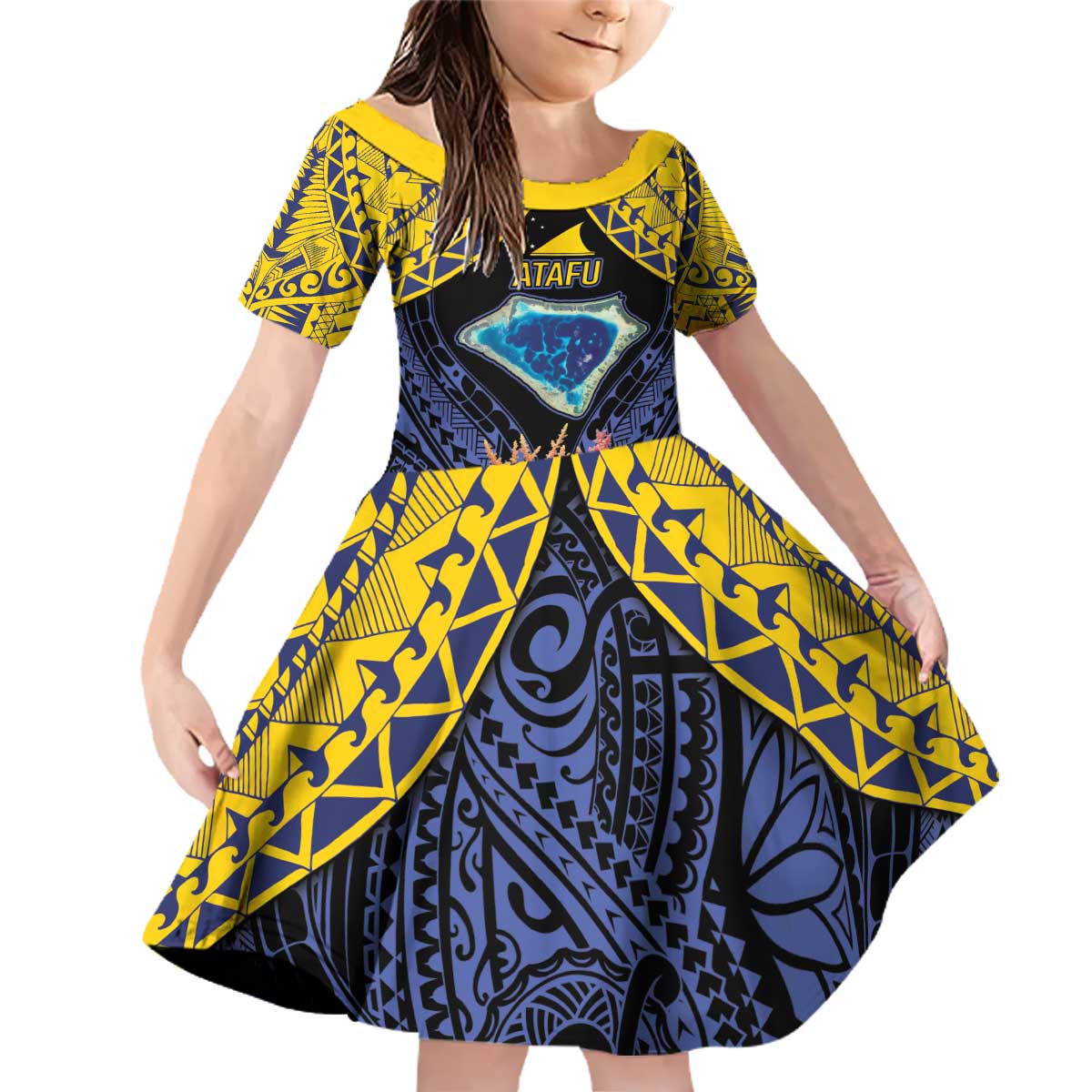 Tokelau Atafu Atoll Personalised Family Matching Off Shoulder Short Dress and Hawaiian Shirt Pacific Coral Reef Vibe LT9 Daughter's Dress Gold - Polynesian Pride