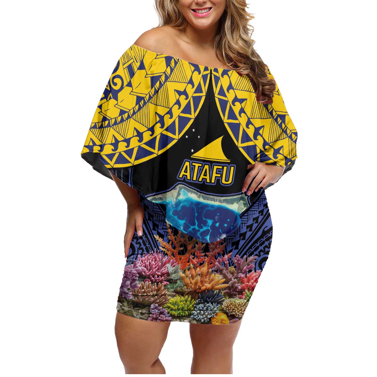Tokelau Atafu Atoll Personalised Family Matching Off Shoulder Short Dress and Hawaiian Shirt Pacific Coral Reef Vibe LT9 Mom's Dress Gold - Polynesian Pride