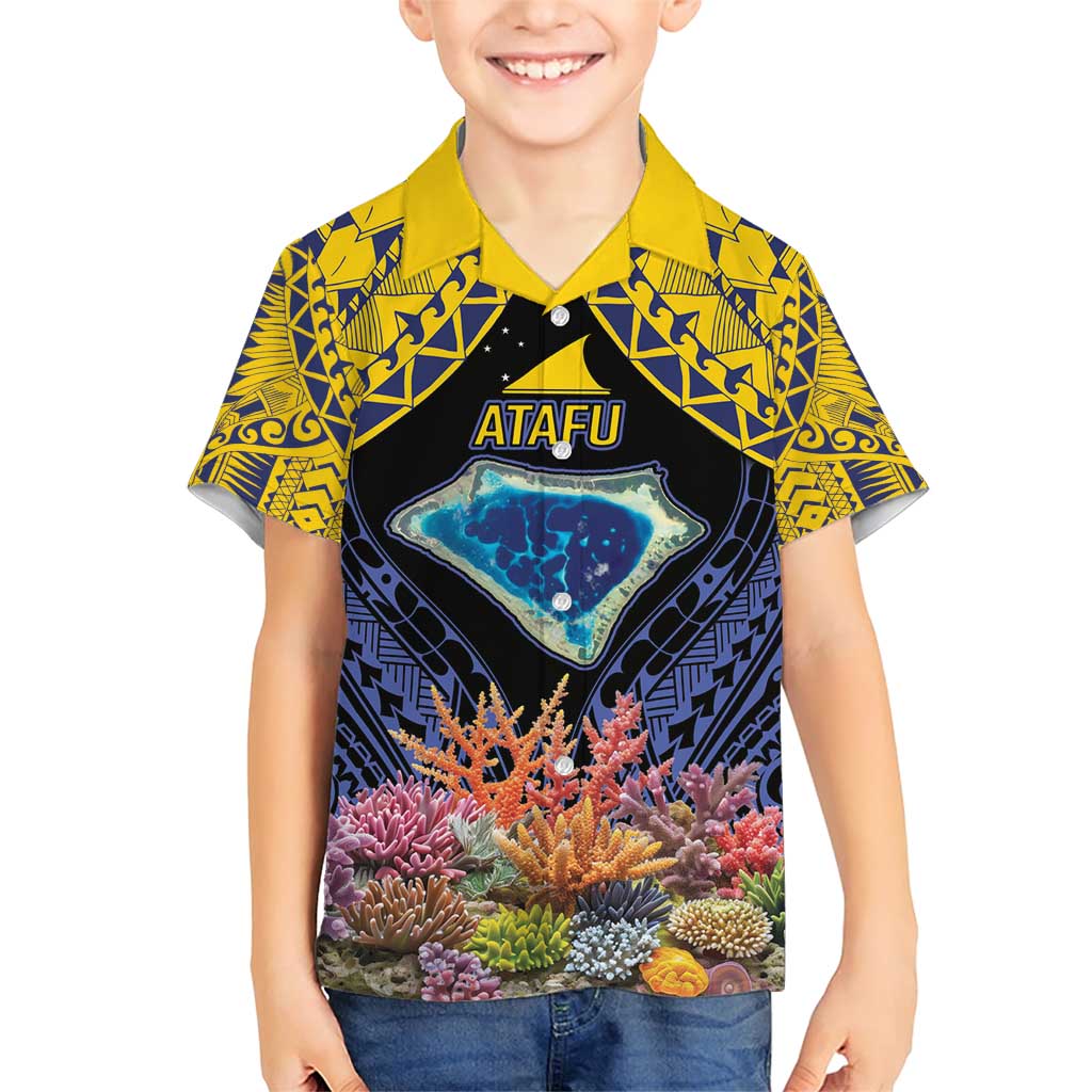 Tokelau Atafu Atoll Personalised Family Matching Short Sleeve Bodycon Dress and Hawaiian Shirt Pacific Coral Reef Vibe LT9 Son's Shirt Gold - Polynesian Pride