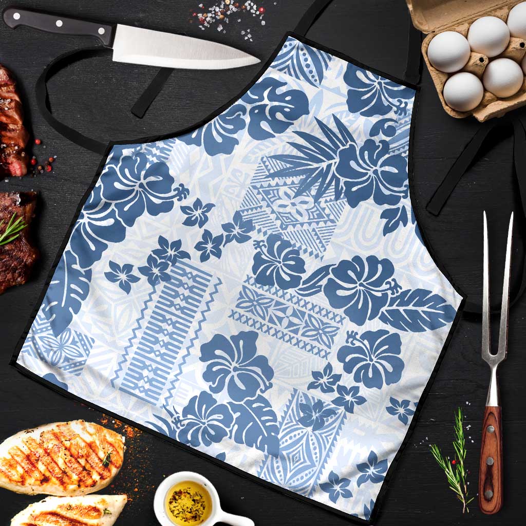 Vintage Hawaii Apron Hibiscus Tapa Tribal With Hawaiian Quilt Pattern Blue - Polynesian Pride