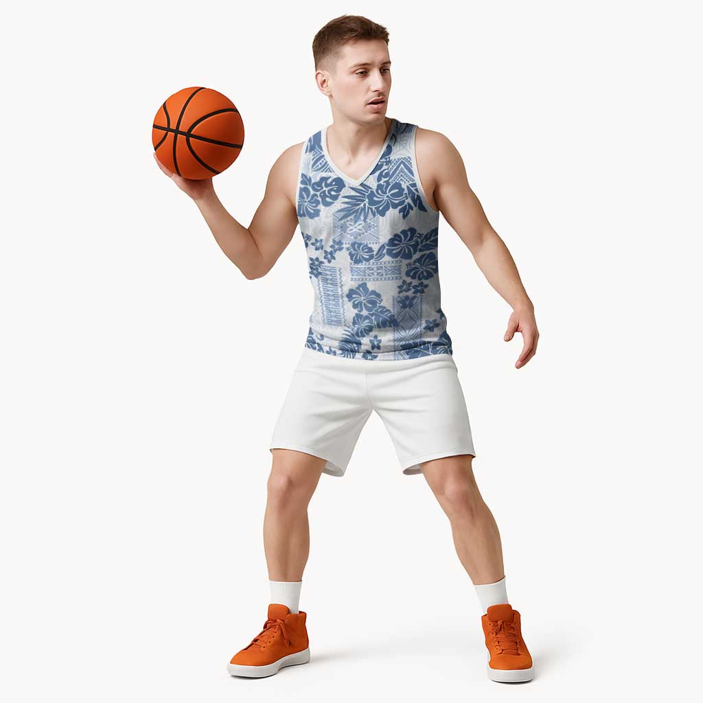 Vintage Hawaii Basketball Jersey Hibiscus Tapa Tribal With Hawaiian Quilt Pattern Blue - Polynesian Pride