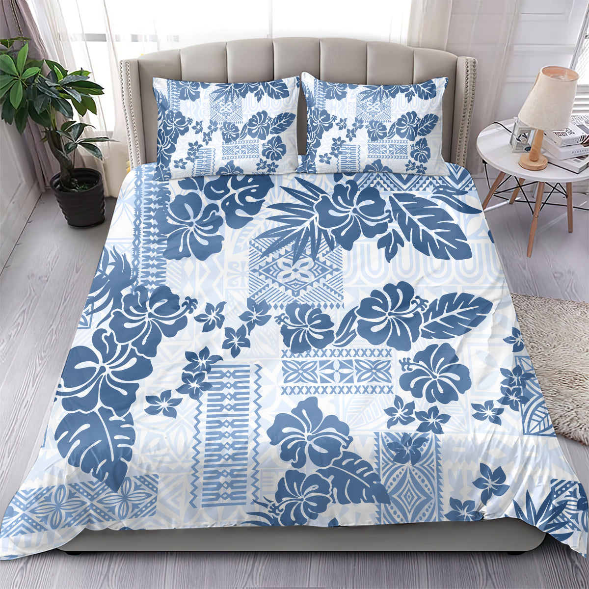 Vintage Hawaii Bedding Set Hibiscus Tapa Tribal With Hawaiian Quilt Pattern Blue LT9 - Polynesian Pride