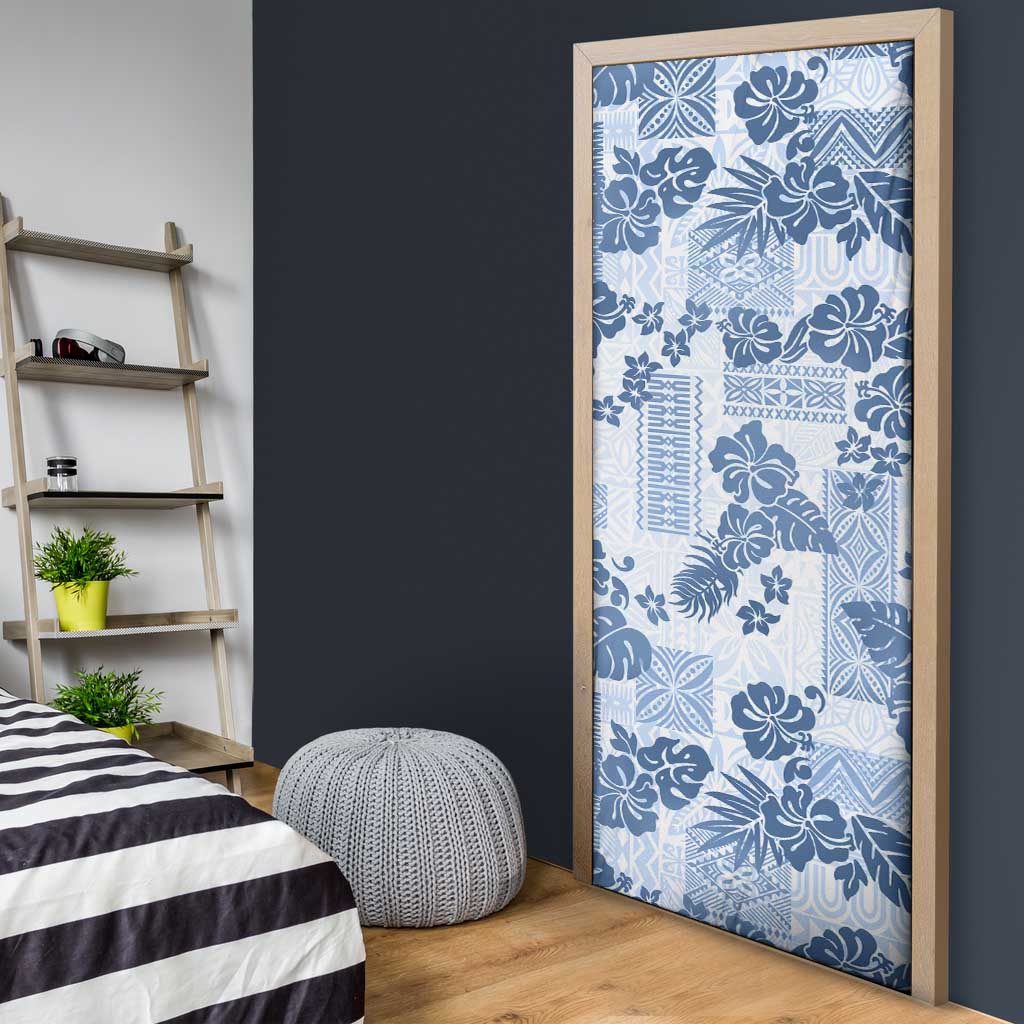 Vintage Hawaii Door Cover Hibiscus Tapa Tribal With Hawaiian Quilt Pattern Blue - Polynesian Pride