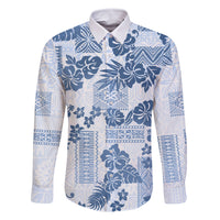 Vintage Hawaii Family Matching Mermaid Dress and Hawaiian Shirt Hibiscus Tapa Tribal With Hawaiian Quilt Pattern Blue LT9 Dad's Shirt - Long Sleeve Blue - Polynesian Pride