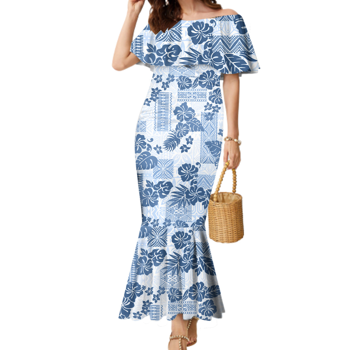 Vintage Hawaii Family Matching Mermaid Dress and Hawaiian Shirt Hibiscus Tapa Tribal With Hawaiian Quilt Pattern Blue LT9 Mom's Dress Blue - Polynesian Pride