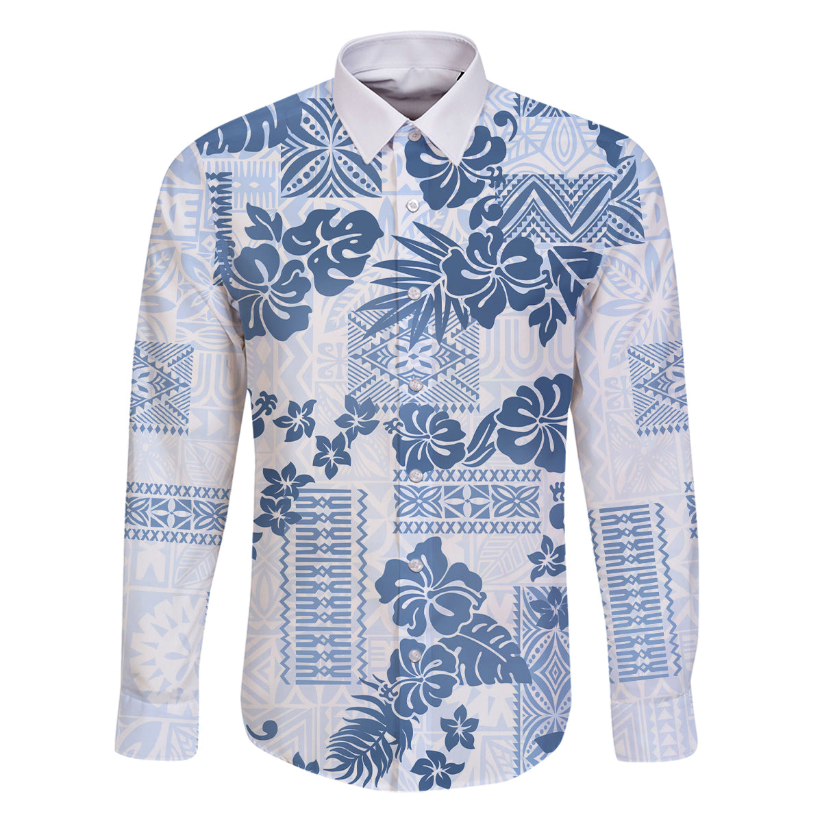 Vintage Hawaii Family Matching Off Shoulder Short Dress and Hawaiian Shirt Hibiscus Tapa Tribal With Hawaiian Quilt Pattern Blue LT9 Dad's Shirt - Long Sleeve Blue - Polynesian Pride
