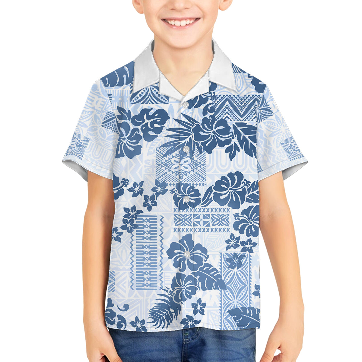 Vintage Hawaii Family Matching Off Shoulder Short Dress and Hawaiian Shirt Hibiscus Tapa Tribal With Hawaiian Quilt Pattern Blue LT9 Son's Shirt Blue - Polynesian Pride