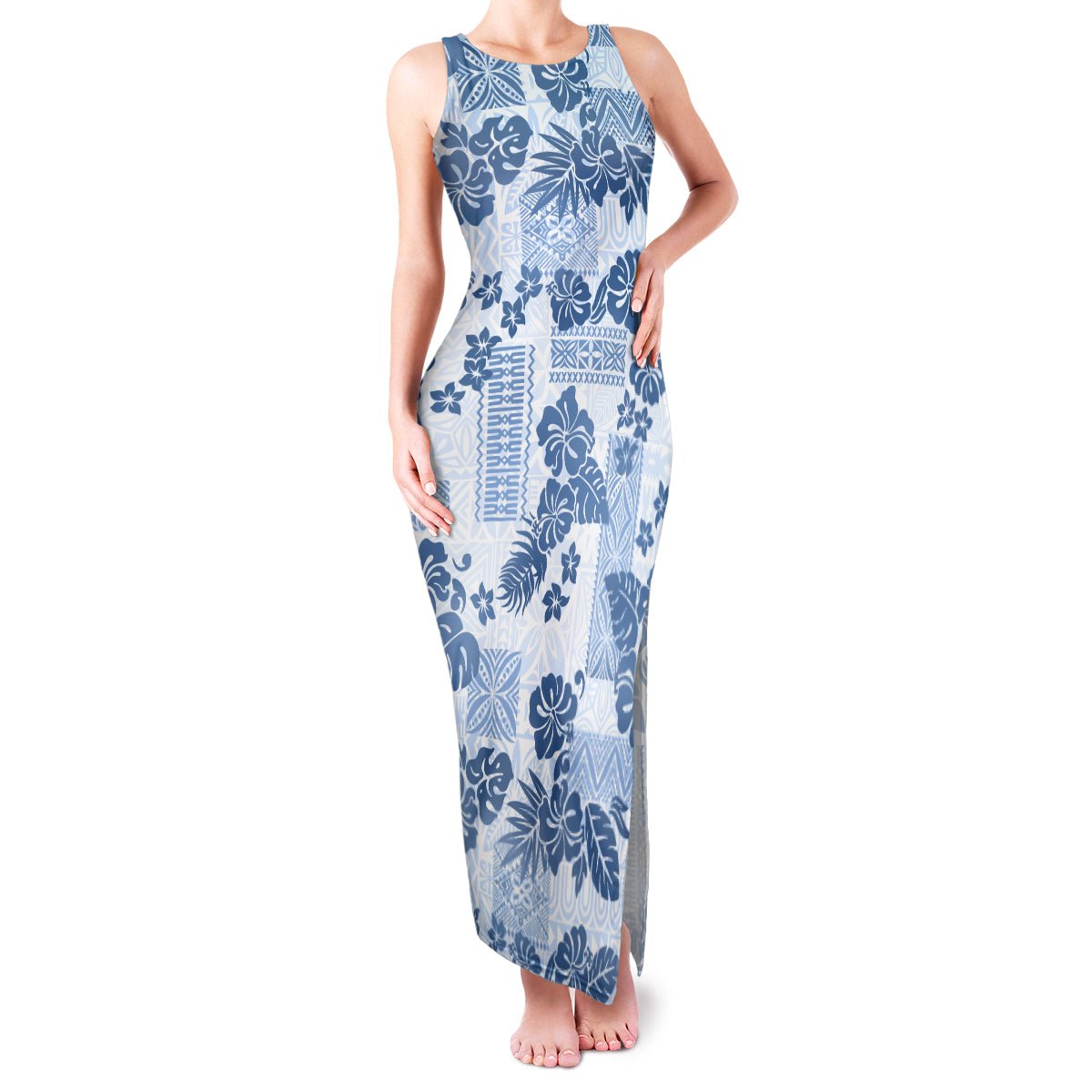 Vintage Hawaii Family Matching Tank Maxi Dress and Hawaiian Shirt Hibiscus Tapa Tribal With Hawaiian Quilt Pattern Blue LT9 Mom's Dress Blue - Polynesian Pride