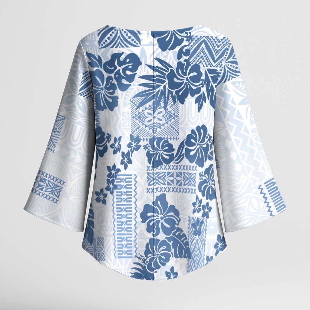 Vintage Hawaii Kimono Sleeve Blouse Hibiscus Tapa Tribal With Hawaiian Quilt Pattern Blue - Polynesian Pride