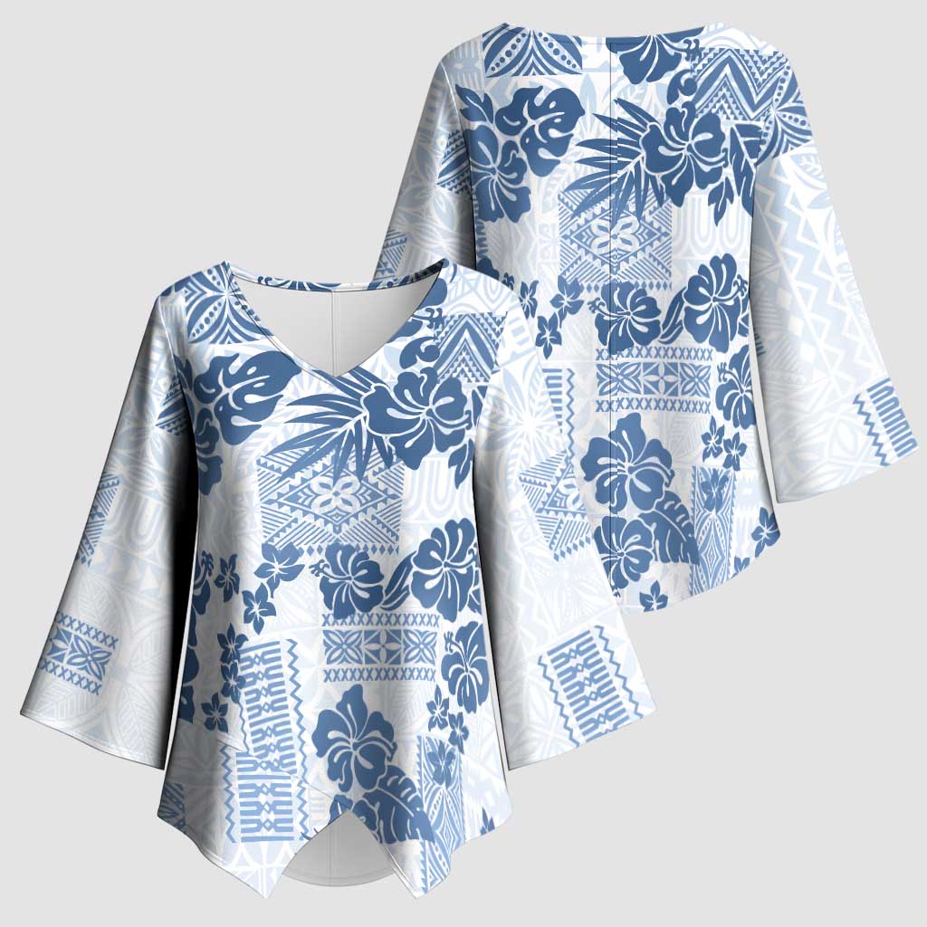 Vintage Hawaii Kimono Sleeve Blouse Hibiscus Tapa Tribal With Hawaiian Quilt Pattern Blue - Polynesian Pride