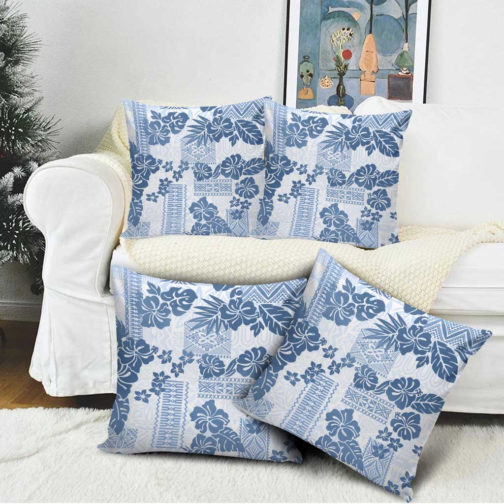 Vintage Hawaii Pillow Cover Hibiscus Tapa Tribal With Hawaiian Quilt Pattern Blue - Polynesian Pride