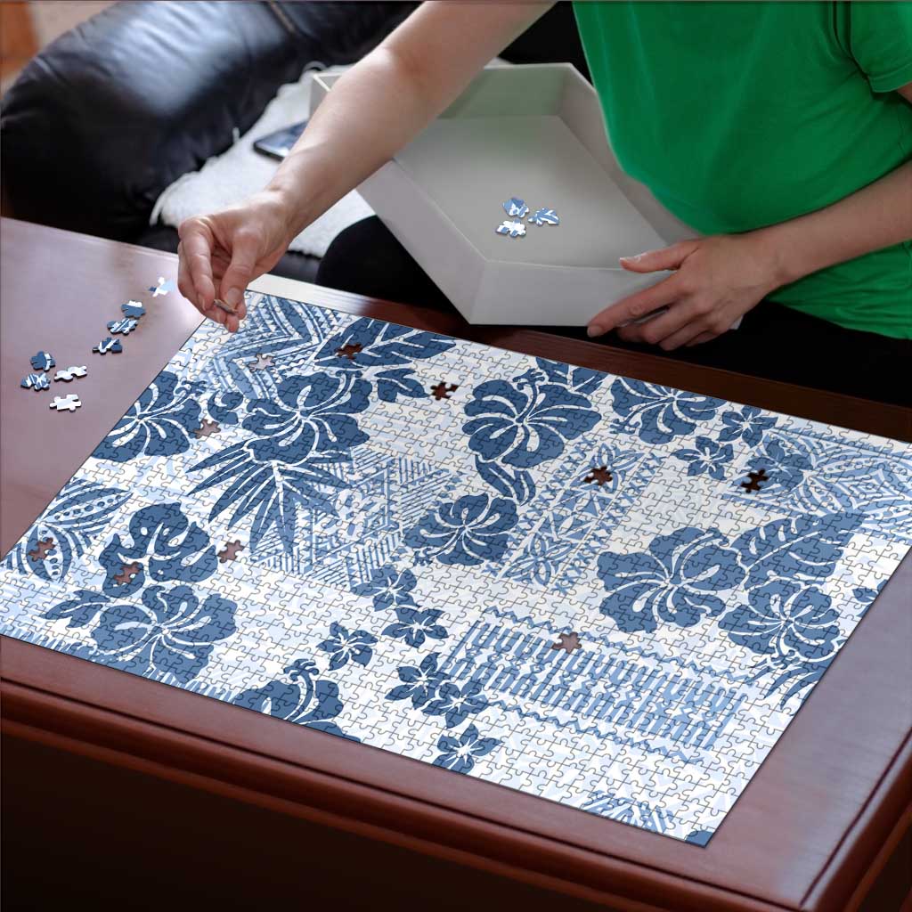 Vintage Hawaii Puzzle Hibiscus Tapa Tribal With Hawaiian Quilt Pattern Blue - Polynesian Pride