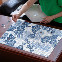 Vintage Hawaii Puzzle Hibiscus Tapa Tribal With Hawaiian Quilt Pattern Blue - Polynesian Pride