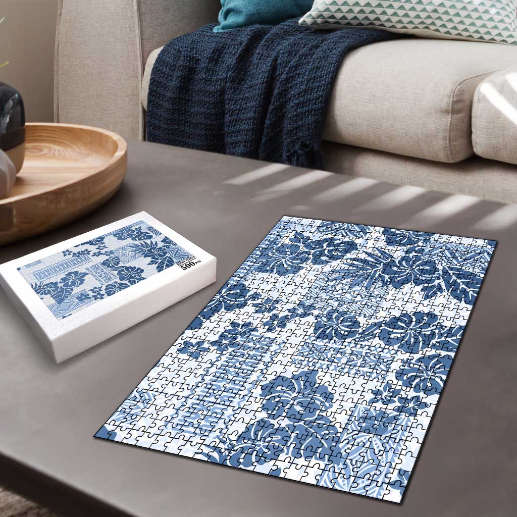 Vintage Hawaii Puzzle Hibiscus Tapa Tribal With Hawaiian Quilt Pattern Blue - Polynesian Pride