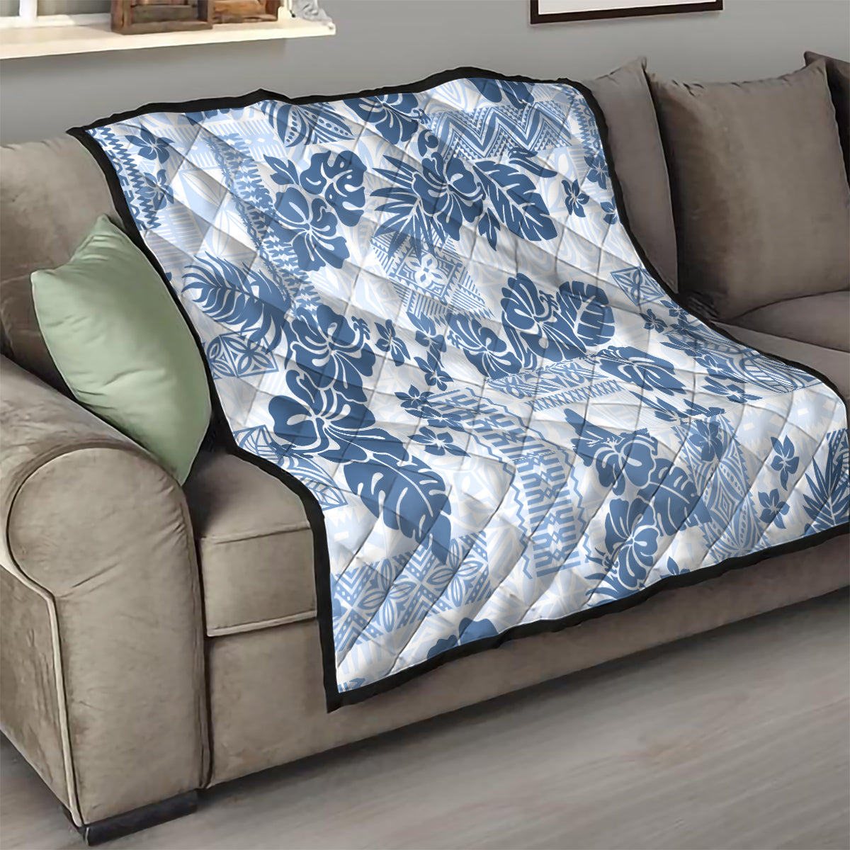 Vintage Hawaii Quilt Hibiscus Tapa Tribal With Hawaiian Quilt Pattern Blue LT9 - Polynesian Pride