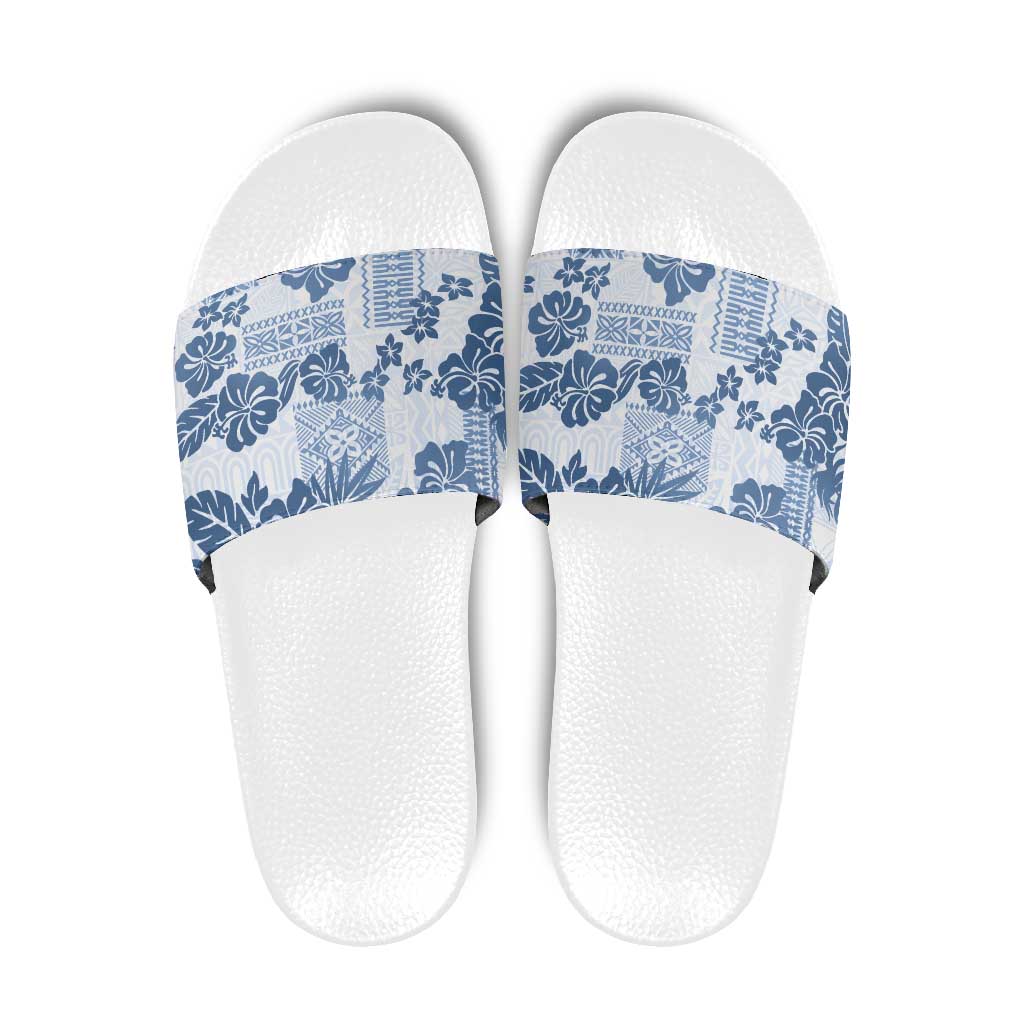 Vintage Hawaii Slide Sandals Hibiscus Tapa Tribal With Hawaiian Quilt Pattern Blue - Polynesian Pride
