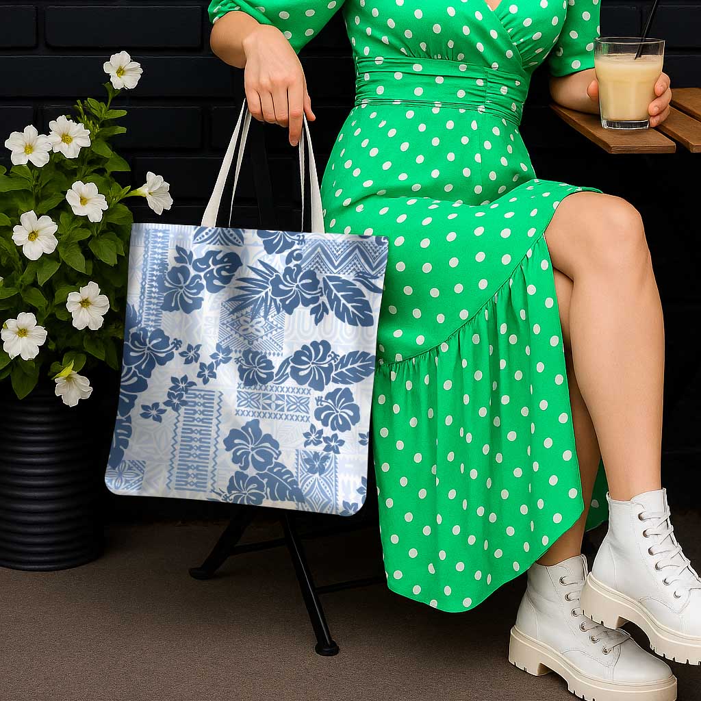 Vintage Hawaii Tote Bag Hibiscus Tapa Tribal With Hawaiian Quilt Pattern Blue - Polynesian Pride