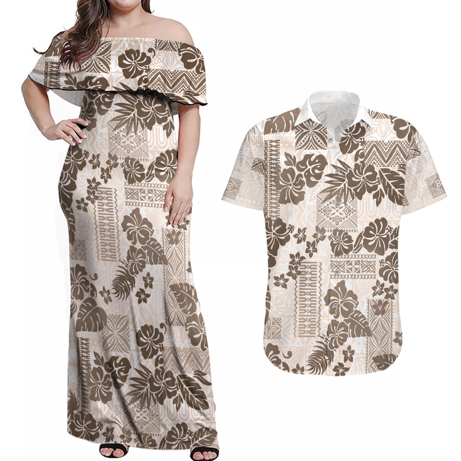 Vintage Hawaii Couples Matching Off Shoulder Maxi Dress and Hawaiian Shirt Hibiscus Tapa Tribal With Hawaiian Quilt Pattern Gold LT9 Gold - Polynesian Pride