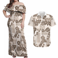 Vintage Hawaii Couples Matching Off Shoulder Maxi Dress and Hawaiian Shirt Hibiscus Tapa Tribal With Hawaiian Quilt Pattern Gold LT9 Gold - Polynesian Pride