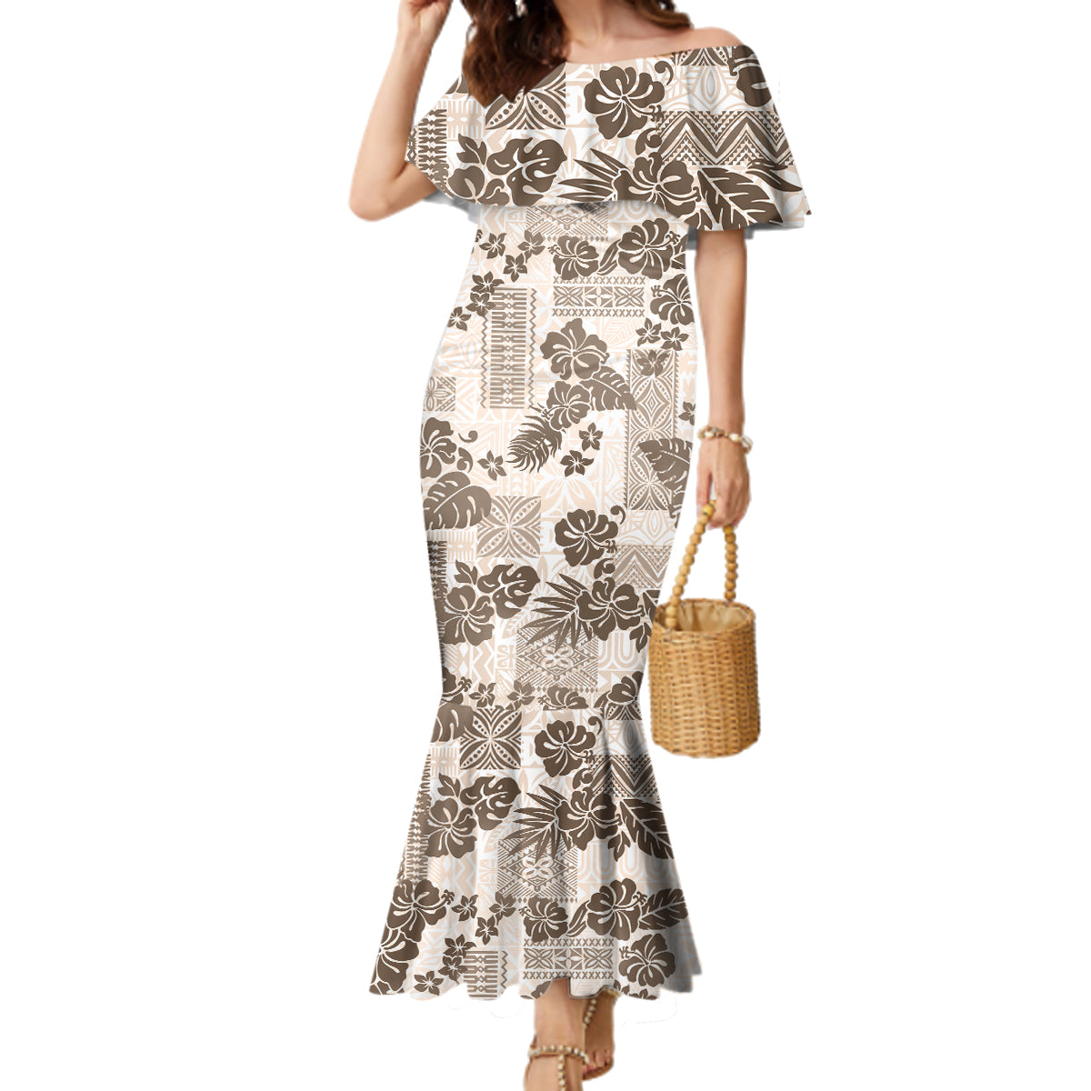 Vintage Hawaii Family Matching Mermaid Dress and Hawaiian Shirt Hibiscus Tapa Tribal With Hawaiian Quilt Pattern Gold LT9 Mom's Dress Gold - Polynesian Pride