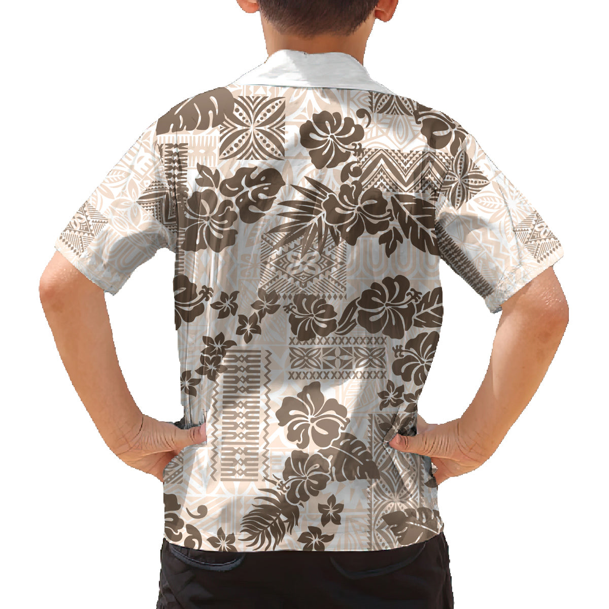 Vintage Hawaii Family Matching Off Shoulder Long Sleeve Dress and Hawaiian Shirt Hibiscus Tapa Tribal With Hawaiian Quilt Pattern Gold LT9 - Polynesian Pride