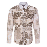 Vintage Hawaii Family Matching Off Shoulder Short Dress and Hawaiian Shirt Hibiscus Tapa Tribal With Hawaiian Quilt Pattern Gold LT9 Dad's Shirt - Long Sleeve Gold - Polynesian Pride