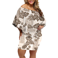 Vintage Hawaii Family Matching Off Shoulder Short Dress and Hawaiian Shirt Hibiscus Tapa Tribal With Hawaiian Quilt Pattern Gold LT9 Mom's Dress Gold - Polynesian Pride