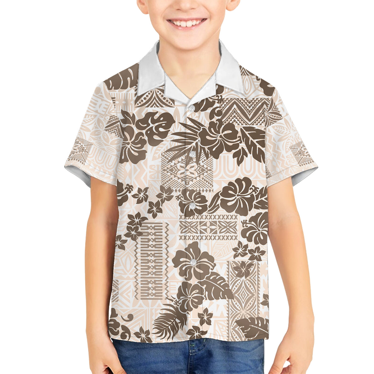 Vintage Hawaii Family Matching Off Shoulder Short Dress and Hawaiian Shirt Hibiscus Tapa Tribal With Hawaiian Quilt Pattern Gold LT9 Son's Shirt Gold - Polynesian Pride