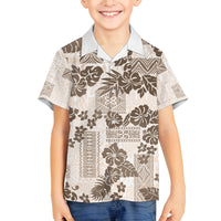 Vintage Hawaii Family Matching Off Shoulder Short Dress and Hawaiian Shirt Hibiscus Tapa Tribal With Hawaiian Quilt Pattern Gold LT9 Son's Shirt Gold - Polynesian Pride