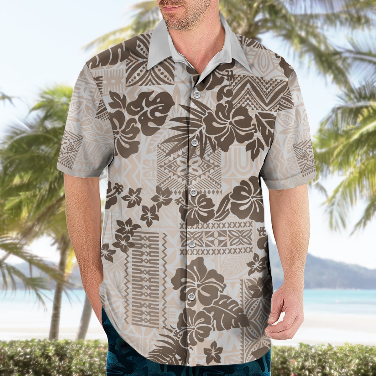 Vintage Hawaii Hawaiian Shirt Hibiscus Tapa Tribal With Hawaiian Quilt Pattern Gold LT9 - Polynesian Pride
