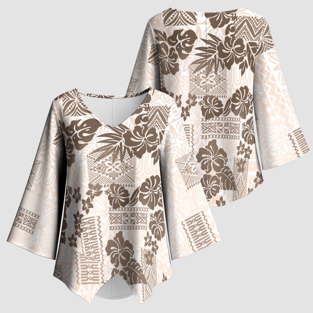 Vintage Hawaii Kimono Sleeve Blouse Hibiscus Tapa Tribal With Hawaiian Quilt Pattern Gold LT9 - Polynesian Pride
