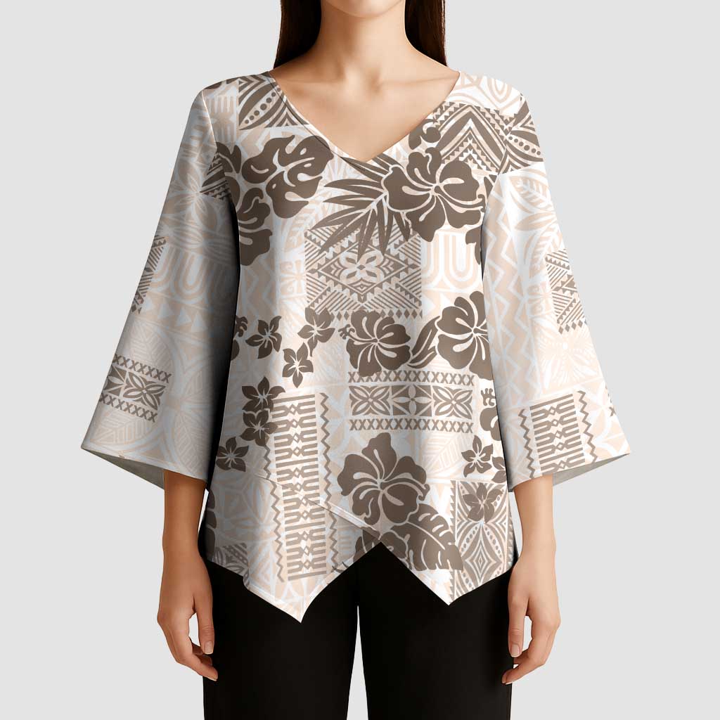 Vintage Hawaii Kimono Sleeve Blouse Hibiscus Tapa Tribal With Hawaiian Quilt Pattern Gold LT9 - Polynesian Pride