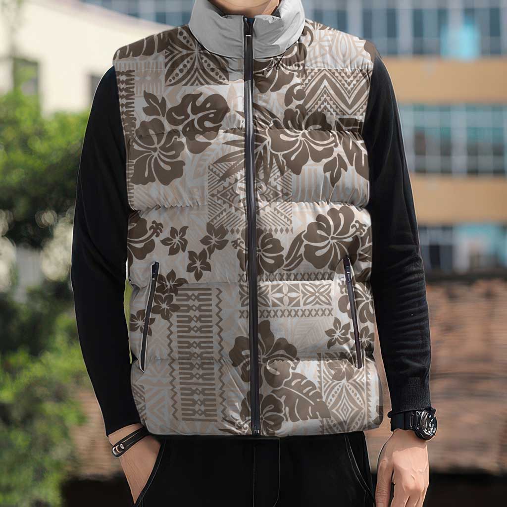 Vintage Hawaii Sleeveless Puffer Jacket Hibiscus Tapa Tribal With Hawaiian Quilt Pattern Gold - Polynesian Pride