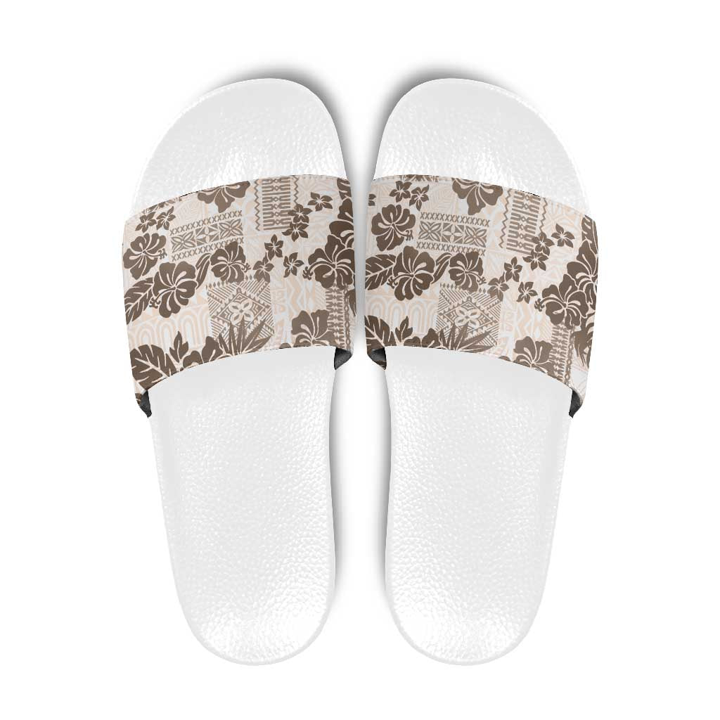 Vintage Hawaii Slide Sandals Hibiscus Tapa Tribal With Hawaiian Quilt Pattern Gold - Polynesian Pride