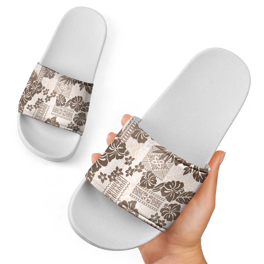 Vintage Hawaii Slide Sandals Hibiscus Tapa Tribal With Hawaiian Quilt Pattern Gold - Polynesian Pride