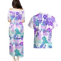 Vintage Hawaii Couples Matching Puletasi Dress and Hawaiian Shirt Hibiscus Tapa Tribal With Hawaiian Quilt Pattern Purple LT9 - Polynesian Pride