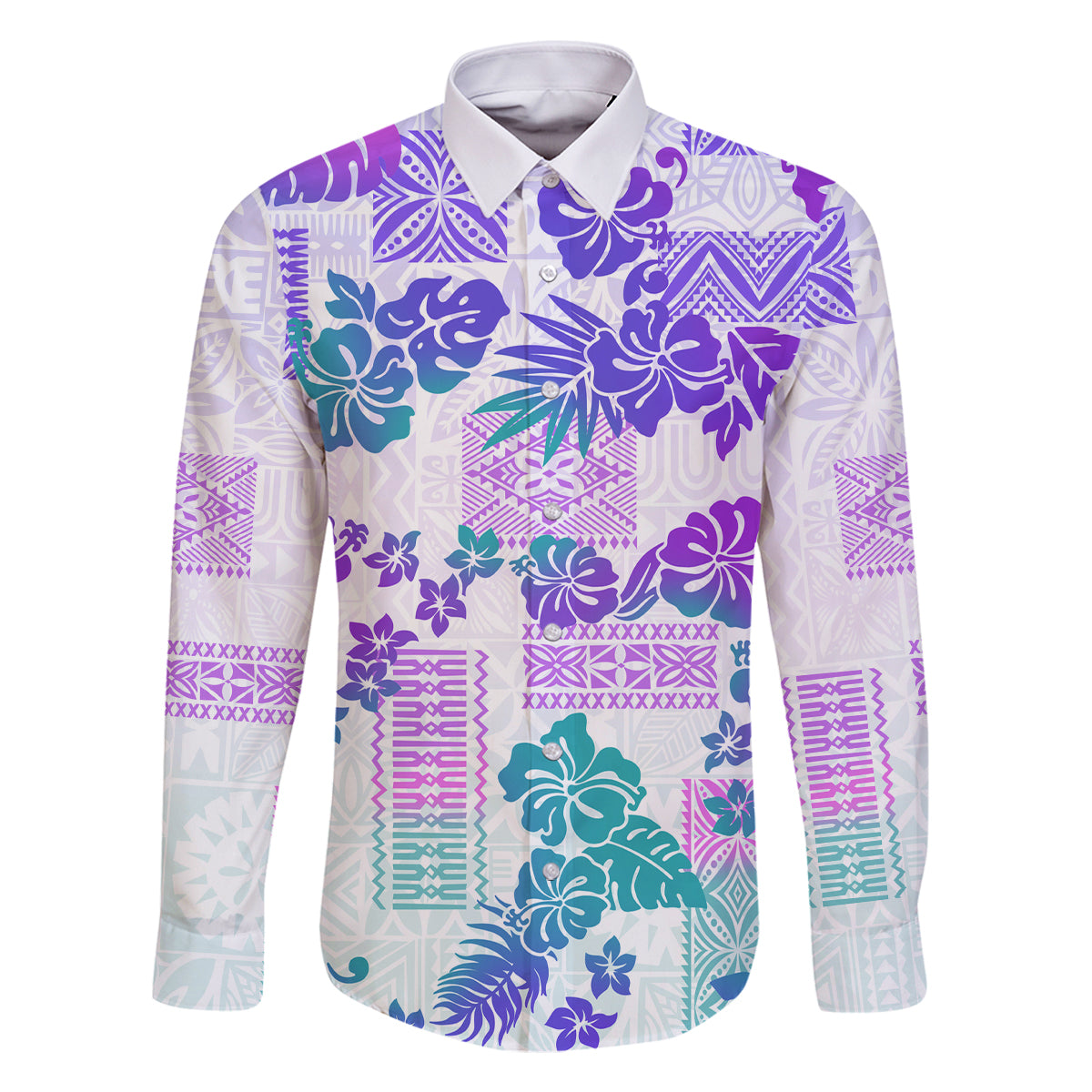 Vintage Hawaii Family Matching Off Shoulder Long Sleeve Dress and Hawaiian Shirt Hibiscus Tapa Tribal With Hawaiian Quilt Pattern Purple LT9 Dad's Shirt - Long Sleeve Purple - Polynesian Pride