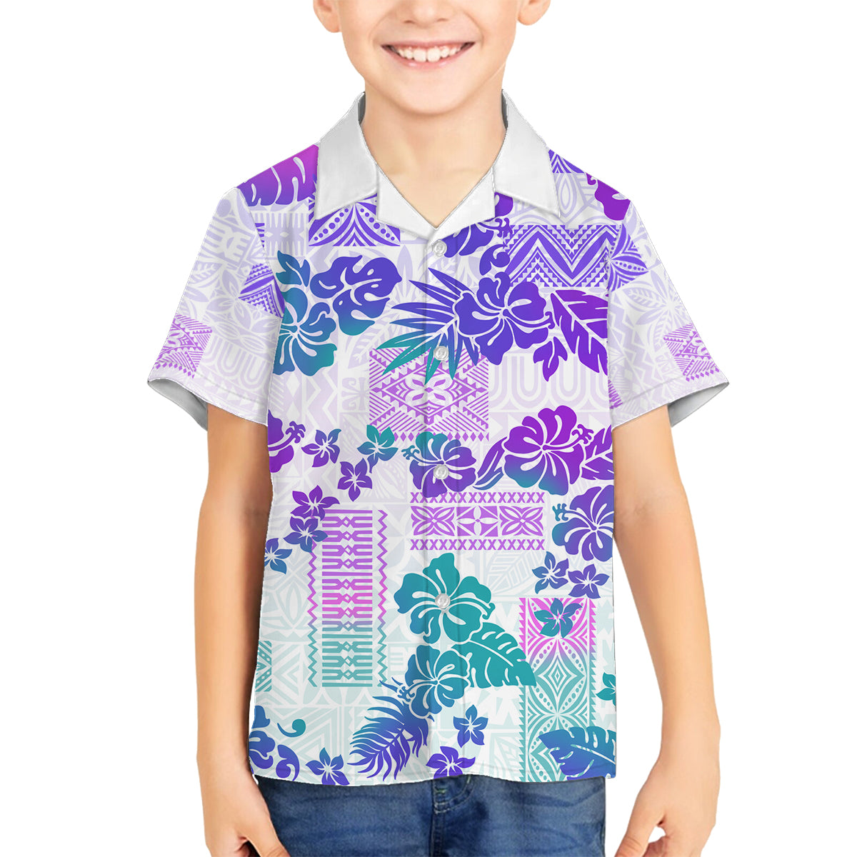Vintage Hawaii Family Matching Off Shoulder Short Dress and Hawaiian Shirt Hibiscus Tapa Tribal With Hawaiian Quilt Pattern Purple LT9 Son's Shirt Purple - Polynesian Pride
