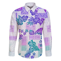 Vintage Hawaii Family Matching Puletasi Dress and Hawaiian Shirt Hibiscus Tapa Tribal With Hawaiian Quilt Pattern Purple LT9 Dad's Shirt - Long Sleeve Purple - Polynesian Pride