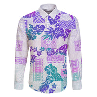 Vintage Hawaii Family Matching Tank Maxi Dress and Hawaiian Shirt Hibiscus Tapa Tribal With Hawaiian Quilt Pattern Purple LT9 Dad's Shirt - Long Sleeve Purple - Polynesian Pride