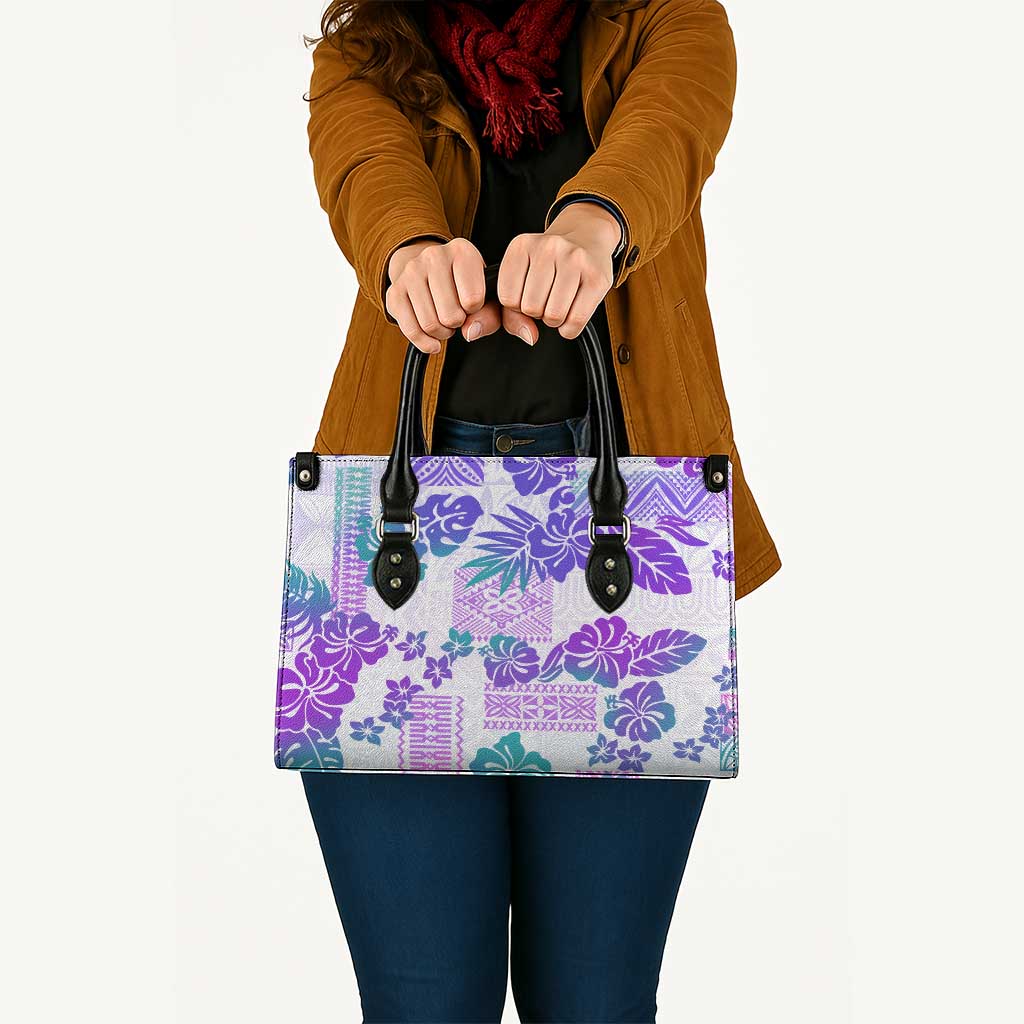 Vintage Hawaii Leather Bag Hibiscus Tapa Tribal With Hawaiian Quilt Pattern Purple - Polynesian Pride