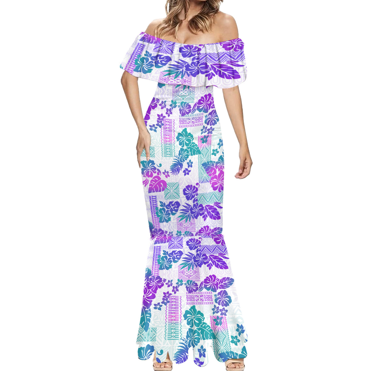 Vintage Hawaii Mermaid Dress Hibiscus Tapa Tribal With Hawaiian Quilt Pattern Purple LT9 - Polynesian Pride