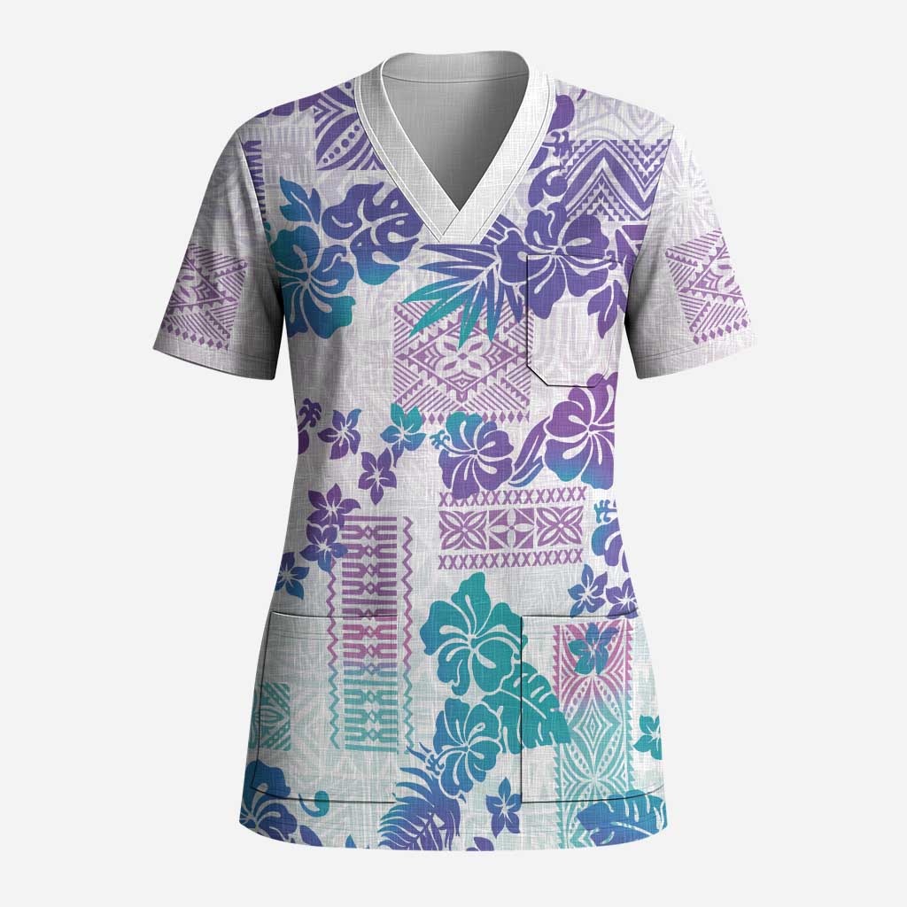 Vintage Hawaii Scrub Top Hibiscus Tapa Tribal With Hawaiian Quilt Pattern Purple LT9 Adult Purple - Polynesian Pride