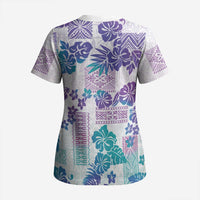 Vintage Hawaii Scrub Top Hibiscus Tapa Tribal With Hawaiian Quilt Pattern Purple LT9 - Polynesian Pride