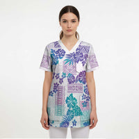 Vintage Hawaii Scrub Top Hibiscus Tapa Tribal With Hawaiian Quilt Pattern Purple LT9 - Polynesian Pride