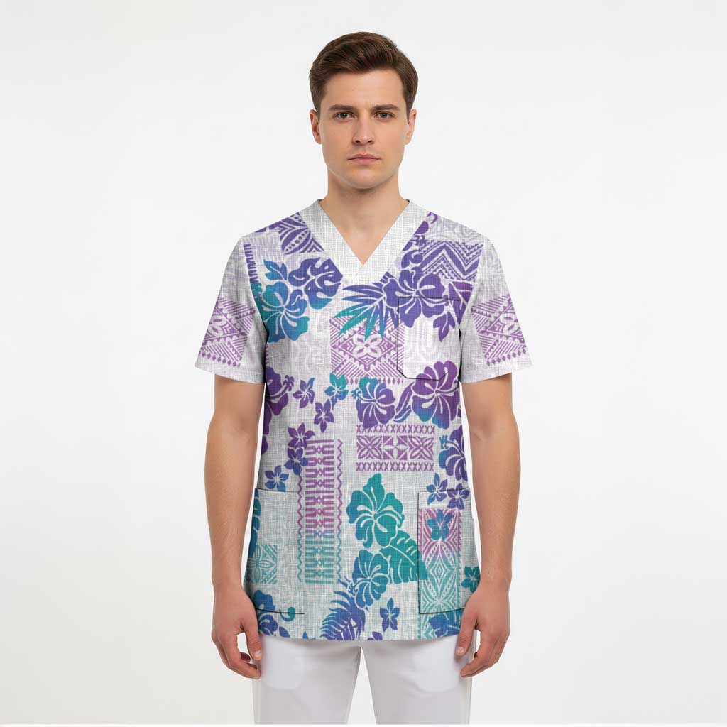 Vintage Hawaii Scrub Top Hibiscus Tapa Tribal With Hawaiian Quilt Pattern Purple LT9 - Polynesian Pride
