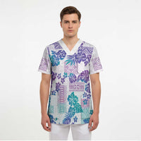 Vintage Hawaii Scrub Top Hibiscus Tapa Tribal With Hawaiian Quilt Pattern Purple LT9 - Polynesian Pride