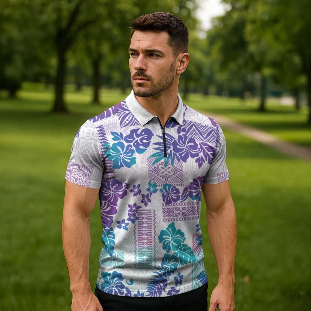 Vintage Hawaii Zipper Polo Shirt Hibiscus Tapa Tribal With Hawaiian Quilt Pattern Purple - Polynesian Pride