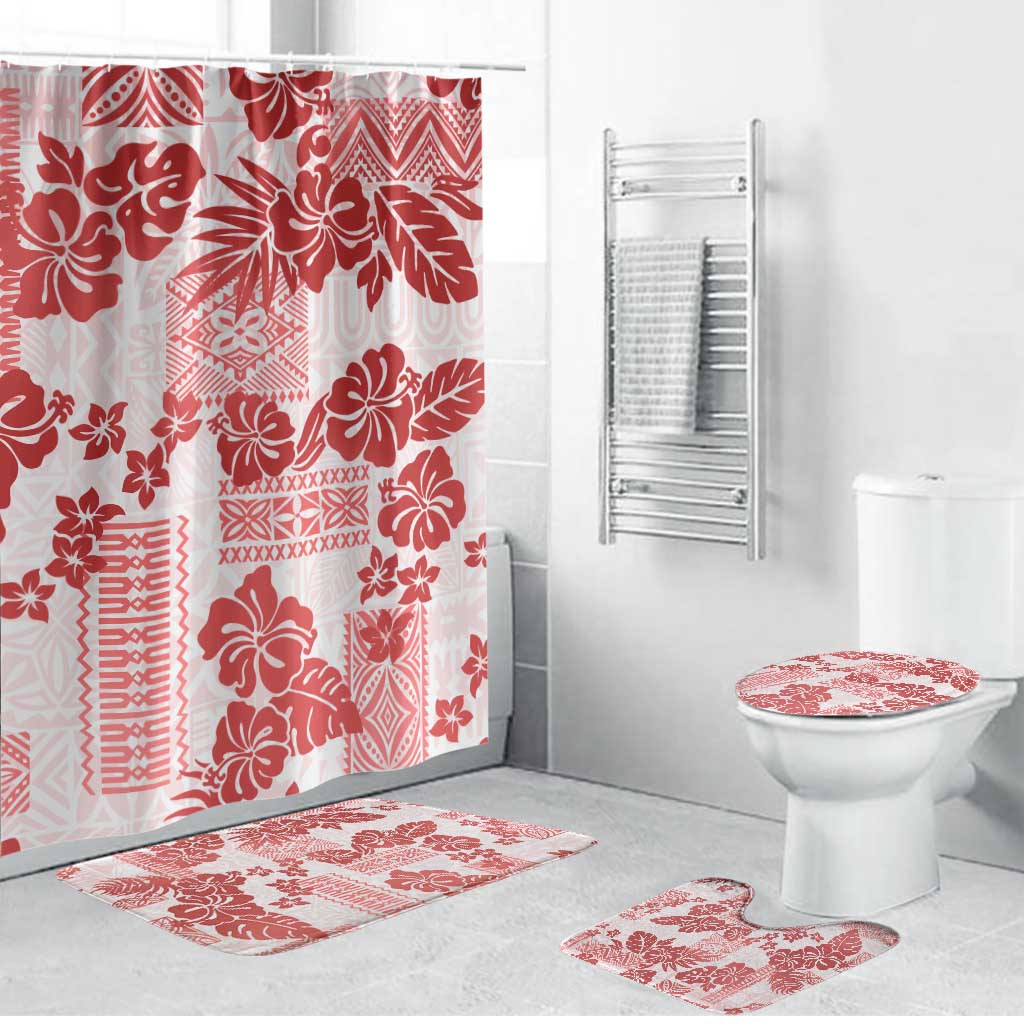 Vintage Hawaii Bathroom Set Hibiscus Tapa Tribal With Hawaiian Quilt Pattern Red LT9 Bathroom Set (4 pcs) Red - Polynesian Pride